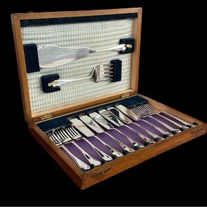 Antique Fish Cutlery in Original Wood Box by James Dixon & Sons - Set of 6